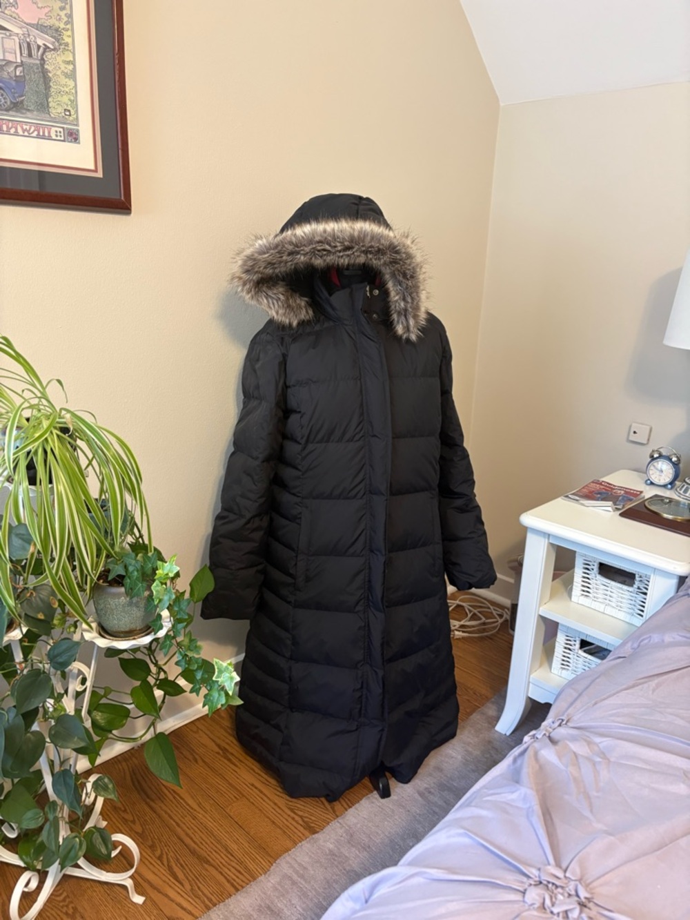Eddie Bauer Black Long Quilted Puffer Coat with Faux Fur Hood Trim
